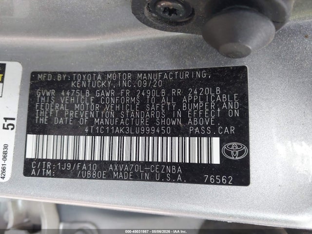 45031987 :رقم المزاد ، 4T1C11AK3LU999450 vin ، 2020 Toyota Camry Le مزاد بيع