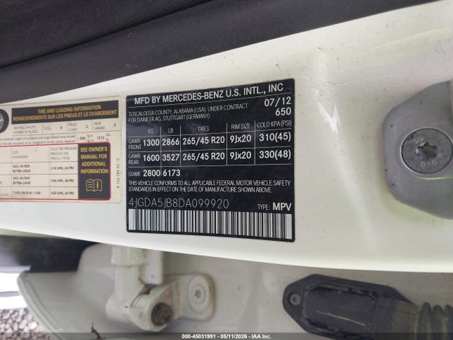 Продаж на аукціоні авто 2013 Mercedes-benz Ml 350, vin: 4JGDA5JB8DA099920, номер лоту: 45031991