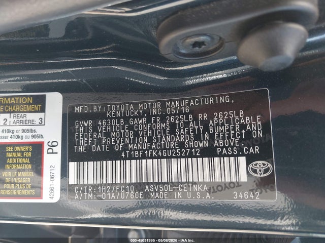 Aukcja sprzedaży 2016 Toyota Camry Le, vin: 4T1BF1FK4GU252712, numer aukcji: 45031995