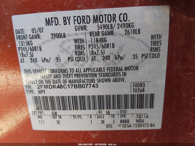 45031997 :رقم المزاد ، 2FMDK48C17BB07743 vin ، 2007 Ford Edge Sel مزاد بيع