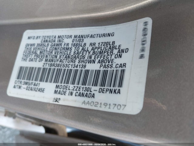 Aukcja sprzedaży 2003 Toyota Corolla Le, vin: 2T1BR38E53C134139, numer aukcji: 45031999