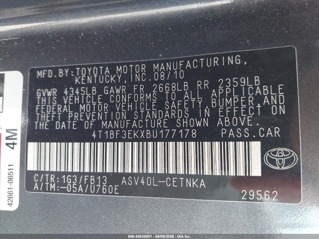 45032001 :رقم المزاد ، 4T1BF3EKXBU177178 vin ، 2011 Toyota Camry Le مزاد بيع