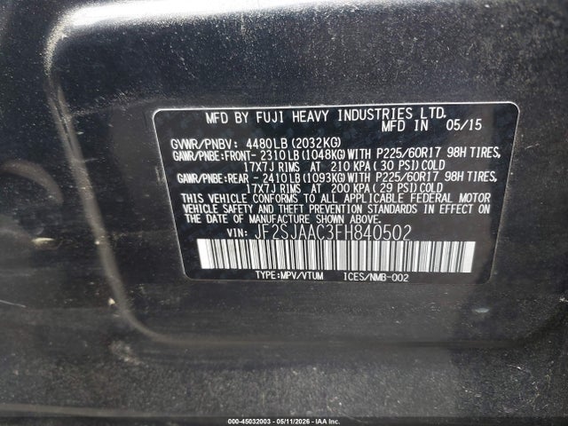 45032003 :رقم المزاد ، JF2SJAAC3FH840502 vin ، 2015 Subaru Forester 2.5i مزاد بيع