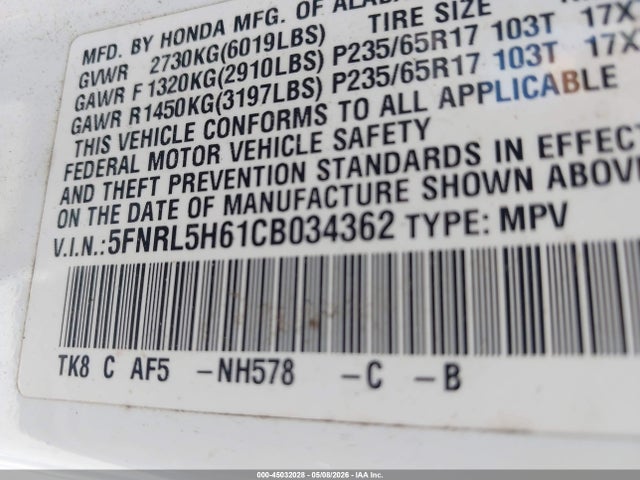 Aukcja sprzedaży 2012 Honda Odyssey Ex-l, vin: 5FNRL5H61CB034362, numer aukcji: 45032028