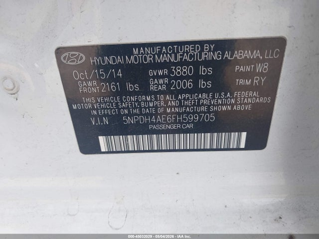 Auction sale of the 2015 Hyundai Elantra Se, vin: 5NPDH4AE6FH599705, lot number: 45032029