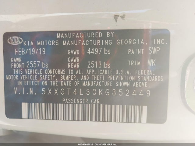 Aukcja sprzedaży 2019 Kia Optima Lx, vin: 5XXGT4L30KG352449, numer aukcji: 45032032