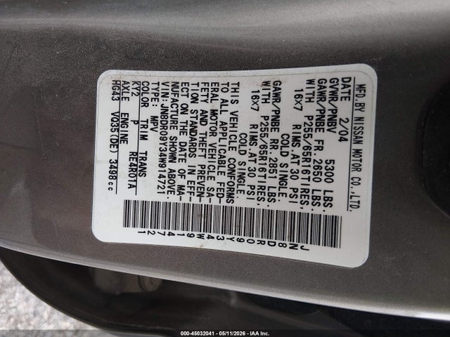45032041 :رقم المزاد ، JN8DR09Y34W914721 vin ، 2004 Nissan Pathfinder Se مزاد بيع