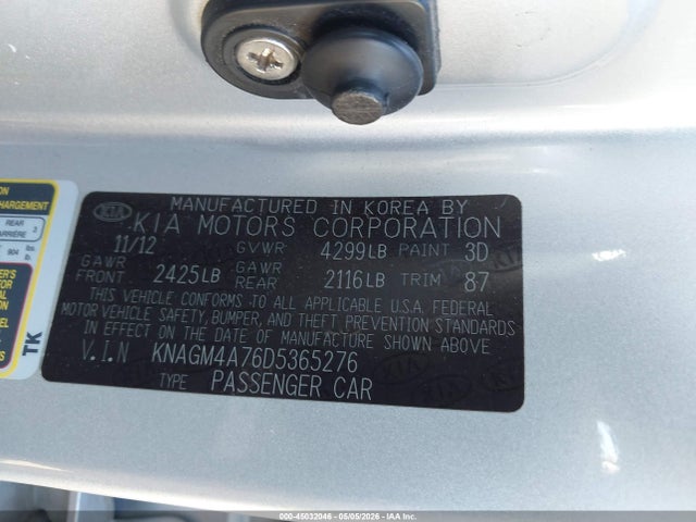 45032046 :رقم المزاد ، KNAGM4A76D5365276 vin ، 2013 Kia Optima Lx مزاد بيع