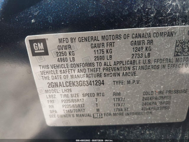 2016 Chevrolet Equinox Lt მანქანა იყიდება აუქციონზე, vin: 2GNALCEK3G6341294, აუქციონის ნომერი: 45032052
