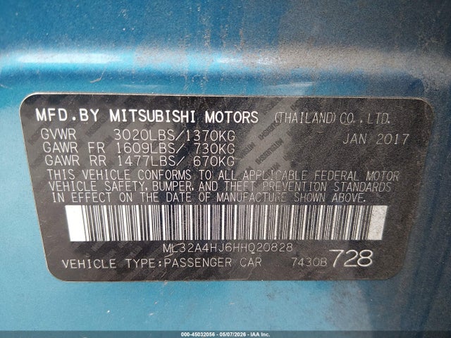 Aukcja sprzedaży 2017 Mitsubishi Mirage Se, vin: ML32A4HJ6HH020828, numer aukcji: 45032056
