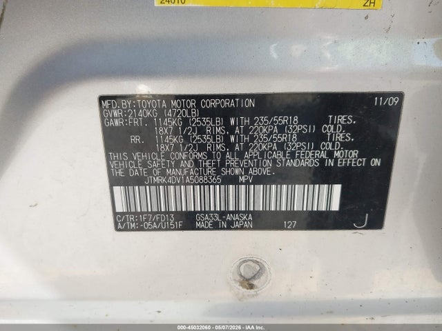 45032060 :رقم المزاد ، JTMRK4DV1A5088365 vin ، 2010 Toyota Rav4 Sport V6 مزاد بيع