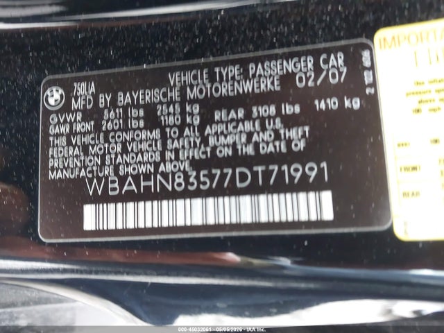Aukcja sprzedaży 2007 Bmw 750li, vin: WBAHN83577DT71991, numer aukcji: 45032061