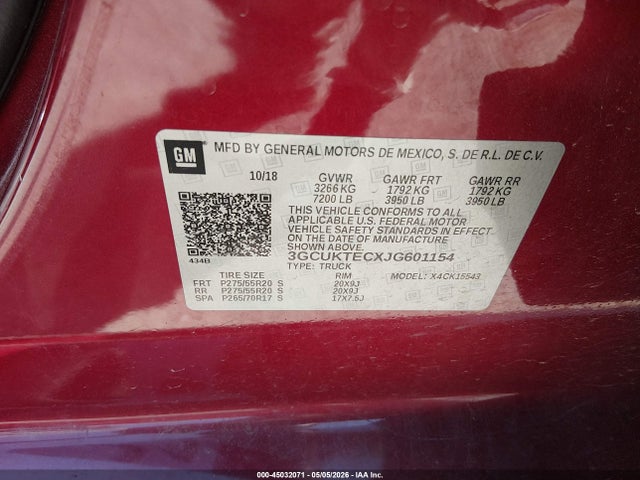 Aukcja sprzedaży 2018 Chevrolet Silverado 1500 High Country, vin: 3GCUKTECXJG601154, numer aukcji: 45032071