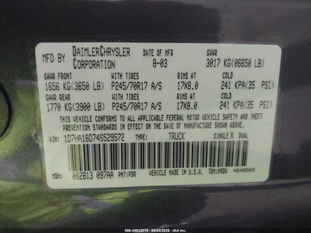 Продаж на аукціоні авто 2004 Dodge Ram 1500 Slt/laramie, vin: 1D7HA18D74S529572, номер лоту: 45032078