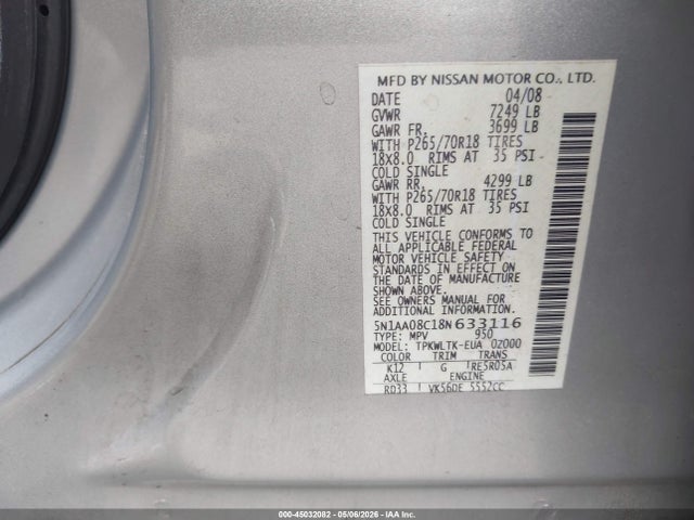 Aukcja sprzedaży 2008 Nissan Armada Se, vin: 5N1AA08C18N633116, numer aukcji: 45032082