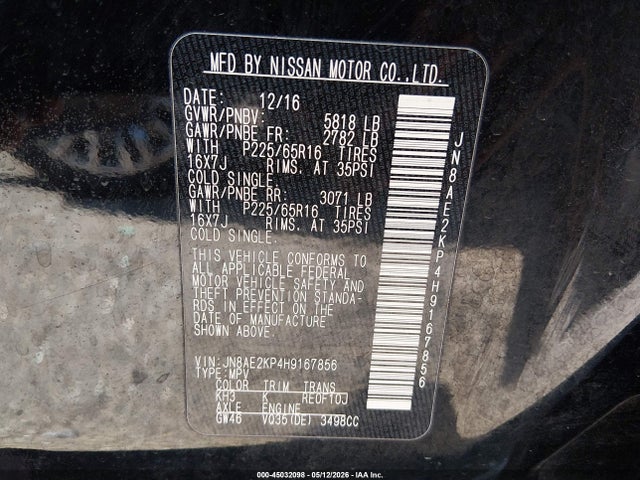 Aukcja sprzedaży 2017 Nissan Quest Sv, vin: JN8AE2KP4H9167856, numer aukcji: 45032098