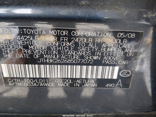45032099 :رقم المزاد ، JTHBK262685077072 vin ، 2008 Lexus Is 250 مزاد بيع