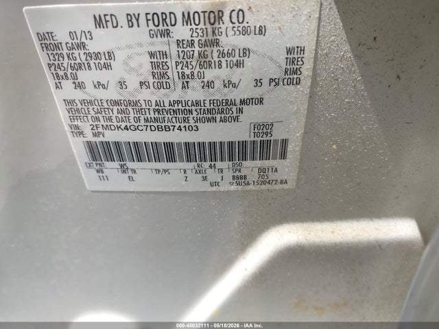 45032111 :رقم المزاد ، 2FMDK4GC7DBB74103 vin ، 2013 Ford Edge Se مزاد بيع