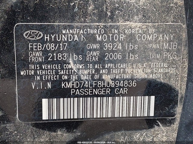 45032120 :رقم المزاد ، KMHD74LF8HU394836 vin ، 2017 Hyundai Elantra Se مزاد بيع