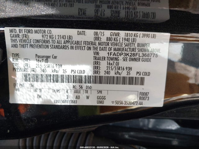 45032135 :رقم المزاد ، 1FADP3K28FL368775 vin ، 2015 Ford Focus Se مزاد بيع