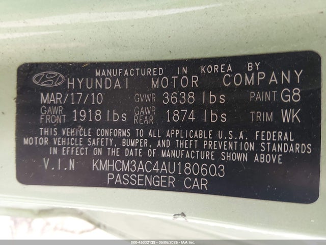 Aukcja sprzedaży 2010 Hyundai Accent Gs, vin: KMHCM3AC4AU180603, numer aukcji: 45032139