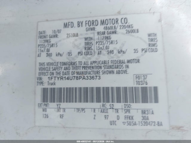 Aukcja sprzedaży 2008 Ford Ranger Sport/xl/xlt, vin: 1FTYR14U78PA33673, numer aukcji: 45032141
