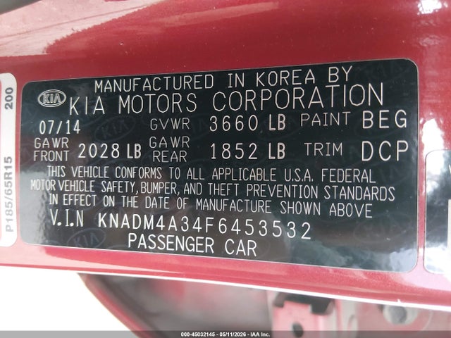 2015 Kia Rio Lx მანქანა იყიდება აუქციონზე, vin: KNADM4A34F6453532, აუქციონის ნომერი: 45032145