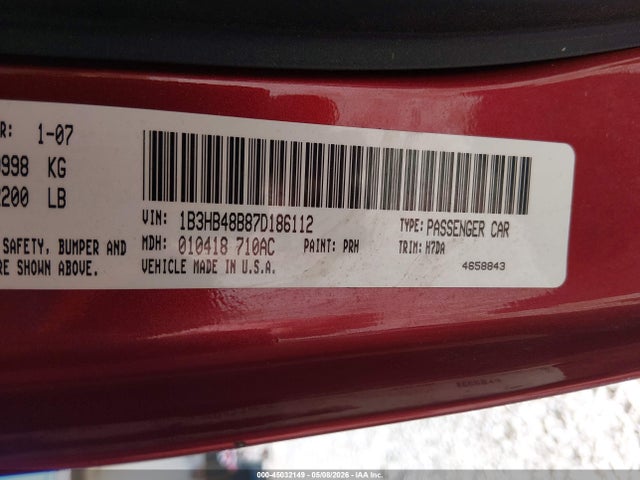 2007 Dodge Caliber Sxt მანქანა იყიდება აუქციონზე, vin: 1B3HB48B87D186112, აუქციონის ნომერი: 45032149