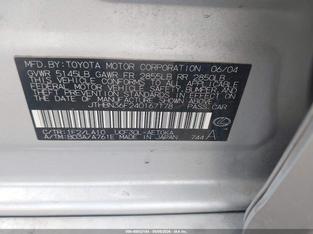 45032154 :رقم المزاد ، JTHBN36F240167178 vin ، 2004 Lexus Ls 430 مزاد بيع