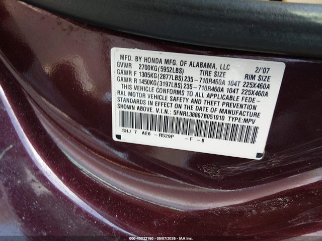 Aukcja sprzedaży 2007 Honda Odyssey Touring, vin: 5FNRL38867B051010, numer aukcji: 45032160