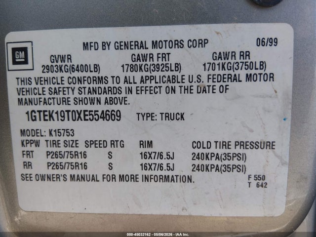 45032162 :رقم المزاد ، 1GTEK19T0XE554669 vin ، 1999 Gmc Sierra 1500 Sle مزاد بيع