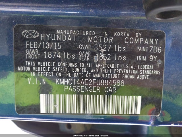 Продаж на аукціоні авто 2015 Hyundai Accent Gls, vin: KMHCT4AE2FU884588, номер лоту: 45032163