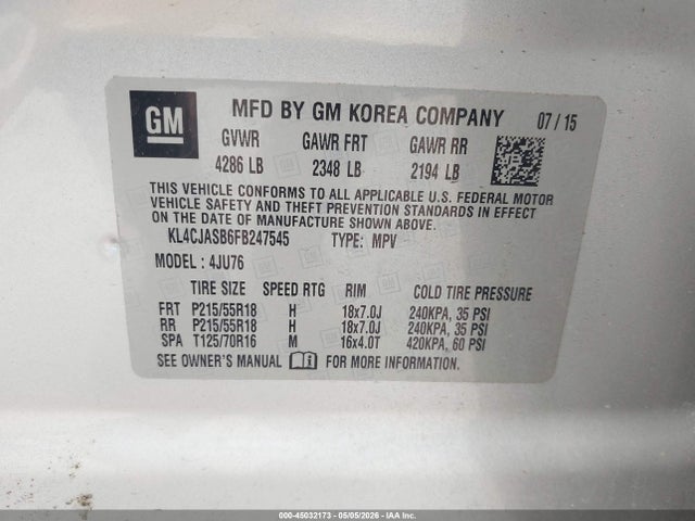 Продажа на аукционе авто 2015 Buick Encore, vin: KL4CJASB6FB247545, номер лота: 45032173