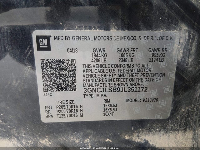45032180 :رقم المزاد ، 3GNCJLSB9JL351172 vin ، 2018 Chevrolet Trax Lt مزاد بيع