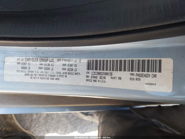 2012 Chrysler 200 Touring მანქანა იყიდება აუქციონზე, vin: 1C3CCBBB3CN300156, აუქციონის ნომერი: 45032182