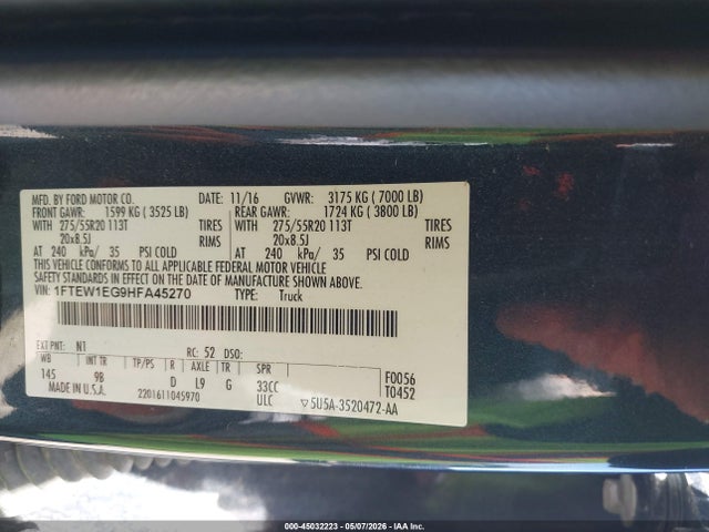 Aukcja sprzedaży 2017 Ford F-150 Platinum, vin: 1FTEW1EG9HFA45270, numer aukcji: 45032223