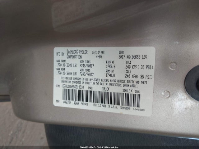 45032247 :رقم المزاد ، 1D7HU18N25S313534 vin ، 2005 Dodge Ram 1500 Slt/laramie مزاد بيع
