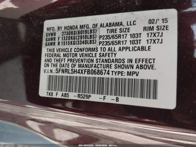 45032262 :رقم المزاد ، 5FNRL5H4XFB068674 vin ، 2015 Honda Odyssey Ex مزاد بيع