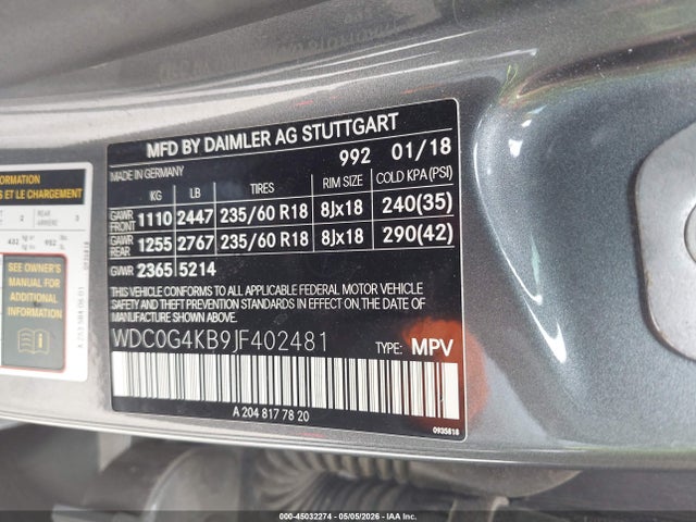 Aukcja sprzedaży 2018 Mercedes-benz Glc 300 4matic, vin: WDC0G4KB9JF402481, numer aukcji: 45032274