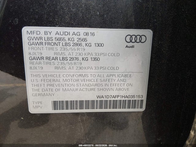 45032275 :رقم المزاد ، WA1D7AFP1HA035153 vin ، 2017 Audi Q5 3.0t Premium Plus مزاد بيع