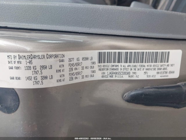 2005 Jeep Grand Cherokee Laredo მანქანა იყიდება აუქციონზე, vin: 1J4GR48K65C599309, აუქციონის ნომერი: 45032282