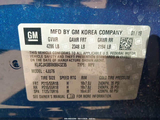 2019 Buick Encore Fwd Preferred მანქანა იყიდება აუქციონზე, vin: KL4CJASBXKB843235, აუქციონის ნომერი: 45032290