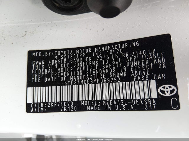 Aukcja sprzedaży 2021 Toyota Corolla Se, vin: 5YFS4MCE8MP069252, numer aukcji: 45032293