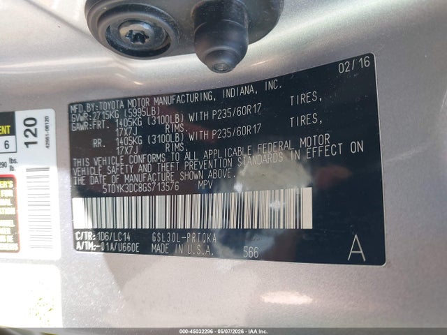 45032296 :رقم المزاد ، 5TDYK3DC8GS713576 vin ، 2016 Toyota Sienna Xle/xle 8 Passenger مزاد بيع