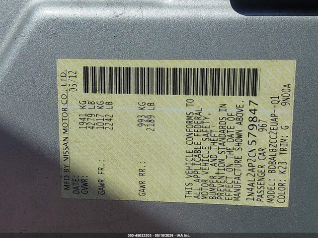 Продаж на аукціоні авто 2012 Nissan Altima 2.5 S, vin: 1N4AL2AP2CN579847, номер лоту: 45032303
