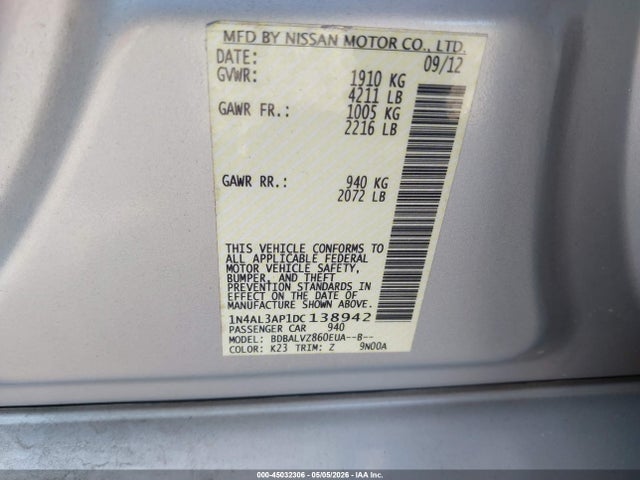 Aukcja sprzedaży 2013 Nissan Altima 2.5 Sl, vin: 1N4AL3AP1DC138942, numer aukcji: 45032306