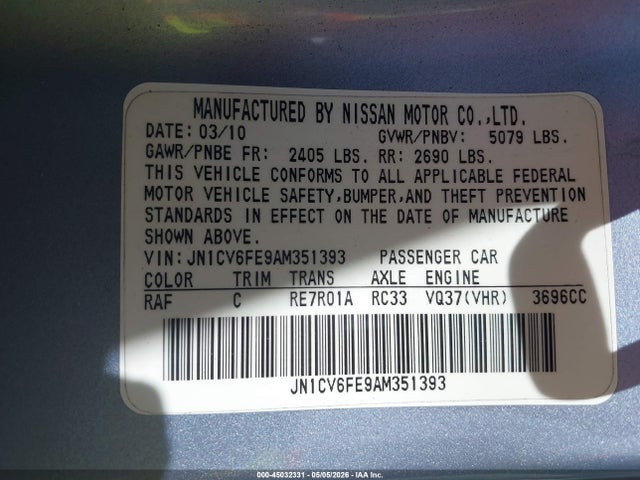 45032331 :رقم المزاد ، JN1CV6FE9AM351393 vin ، 2010 Infiniti G37 مزاد بيع