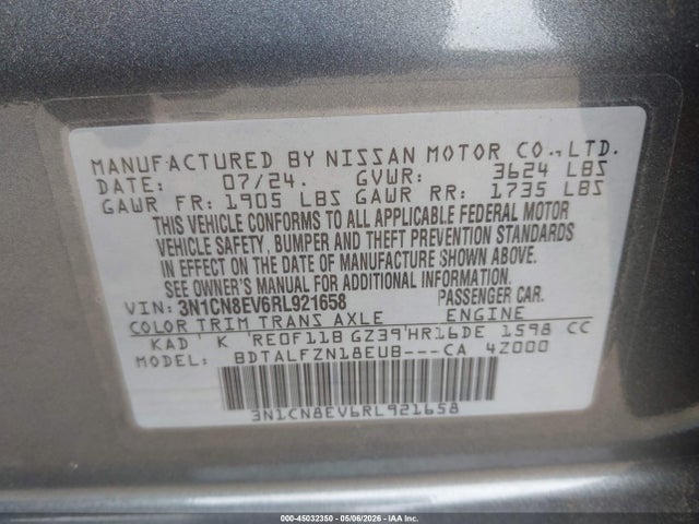 Продажа на аукционе авто 2024 Nissan Versa 1.6 Sv, vin: 3N1CN8EV6RL921658, номер лота: 45032350