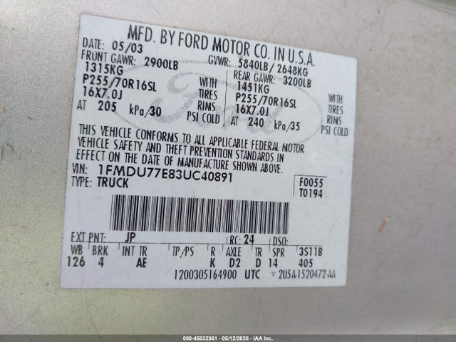 45032361 :رقم المزاد ، 1FMDU77E83UC40891 vin ، 2003 Ford Explorer Sport Trac Xls/xlt مزاد بيع