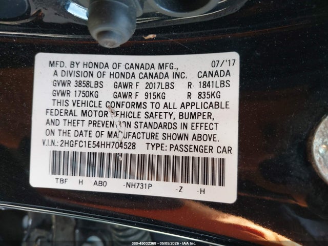 Auction sale of the 2017 Honda Civic Si, vin: 2HGFC1E54HH704528, lot number: 45032368